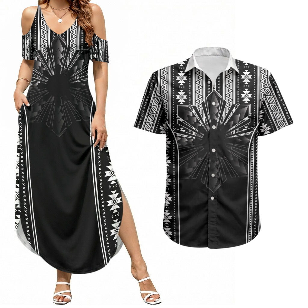 Mabuhay Philippines Festival Couples Matching Summer Maxi Dress and Hawaiian Shirt Filipino Map Black White Igorot Pattern LT14 Black - Polynesian Pride
