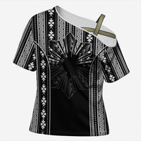Mabuhay Philippines Festival Cross Shoulder Shirt Filipino Map Black White Igorot Pattern LT14 Female Black - Polynesian Pride