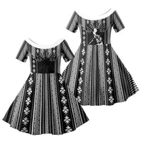 Mabuhay Philippines Festival Family Matching Off Shoulder Short Dress and Hawaiian Shirt Filipino Map Black White Igorot Pattern LT14 Daughter's Dress Black - Polynesian Pride