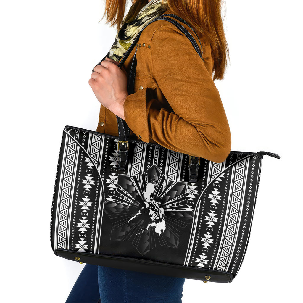 Mabuhay Philippines Festival Leather Tote Bag Filipino Map Black White Igorot Pattern LT14 Black - Polynesian Pride