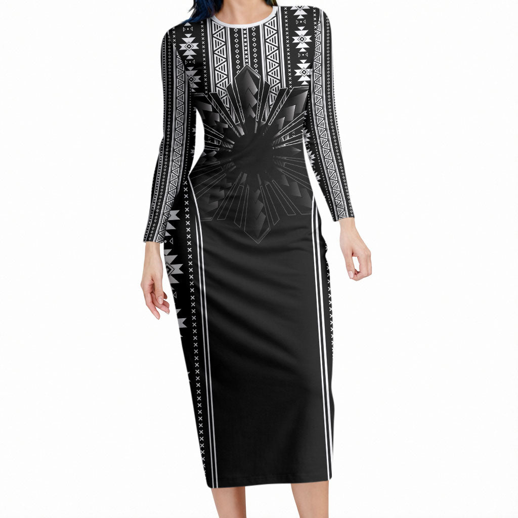 Mabuhay Philippines Festival Long Sleeve Bodycon Dress Filipino Map Black White Igorot Pattern LT14 Long Dress Black - Polynesian Pride