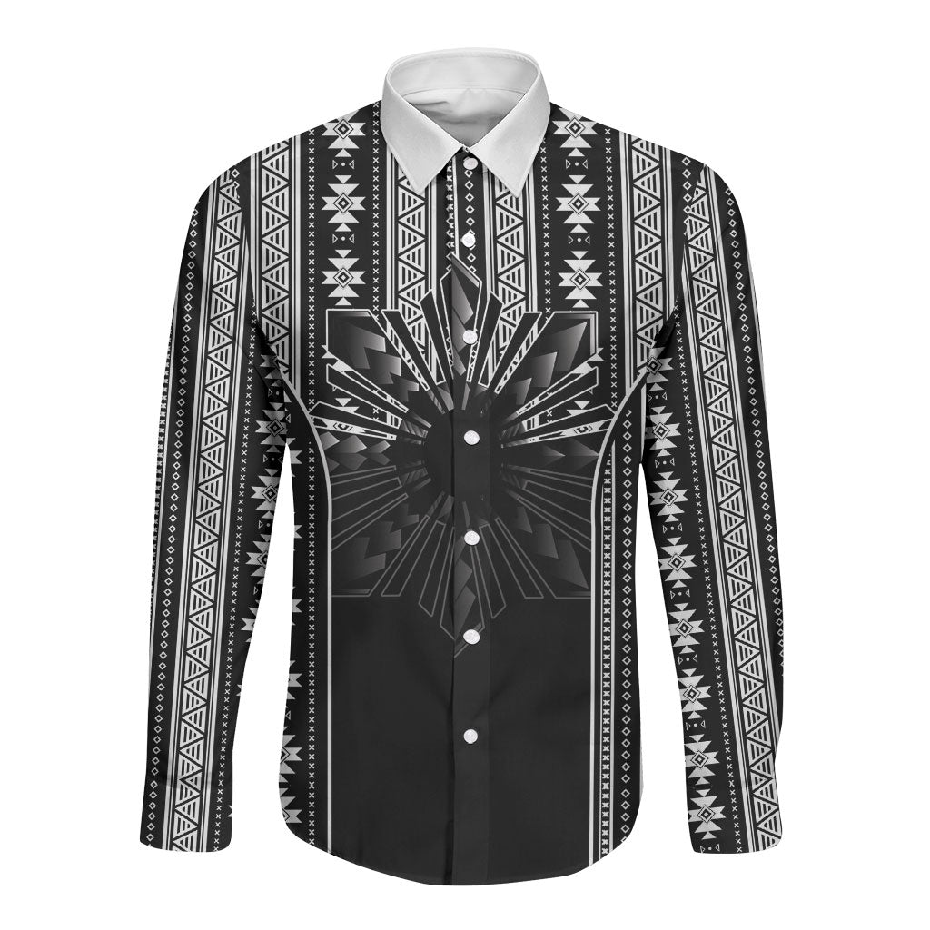 Mabuhay Philippines Festival Long Sleeve Button Shirt Filipino Map Black White Igorot Pattern LT14 Unisex Black - Polynesian Pride