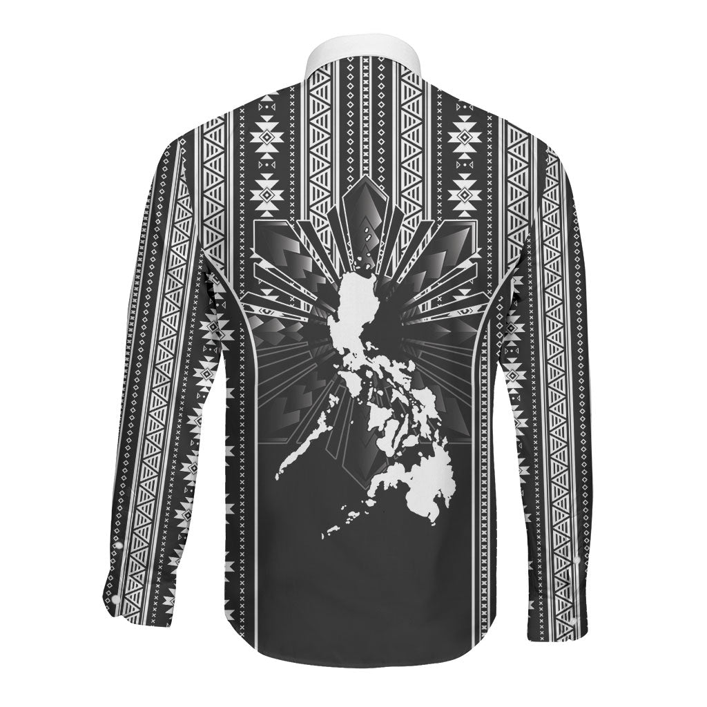Mabuhay Philippines Festival Long Sleeve Button Shirt Filipino Map Black White Igorot Pattern
