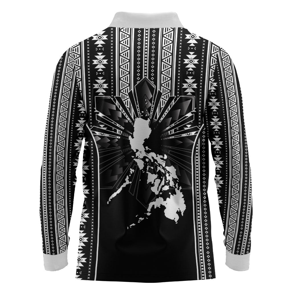 Mabuhay Philippines Festival Long Sleeve Polo Shirt Filipino Map Black White Igorot Pattern LT14 - Polynesian Pride