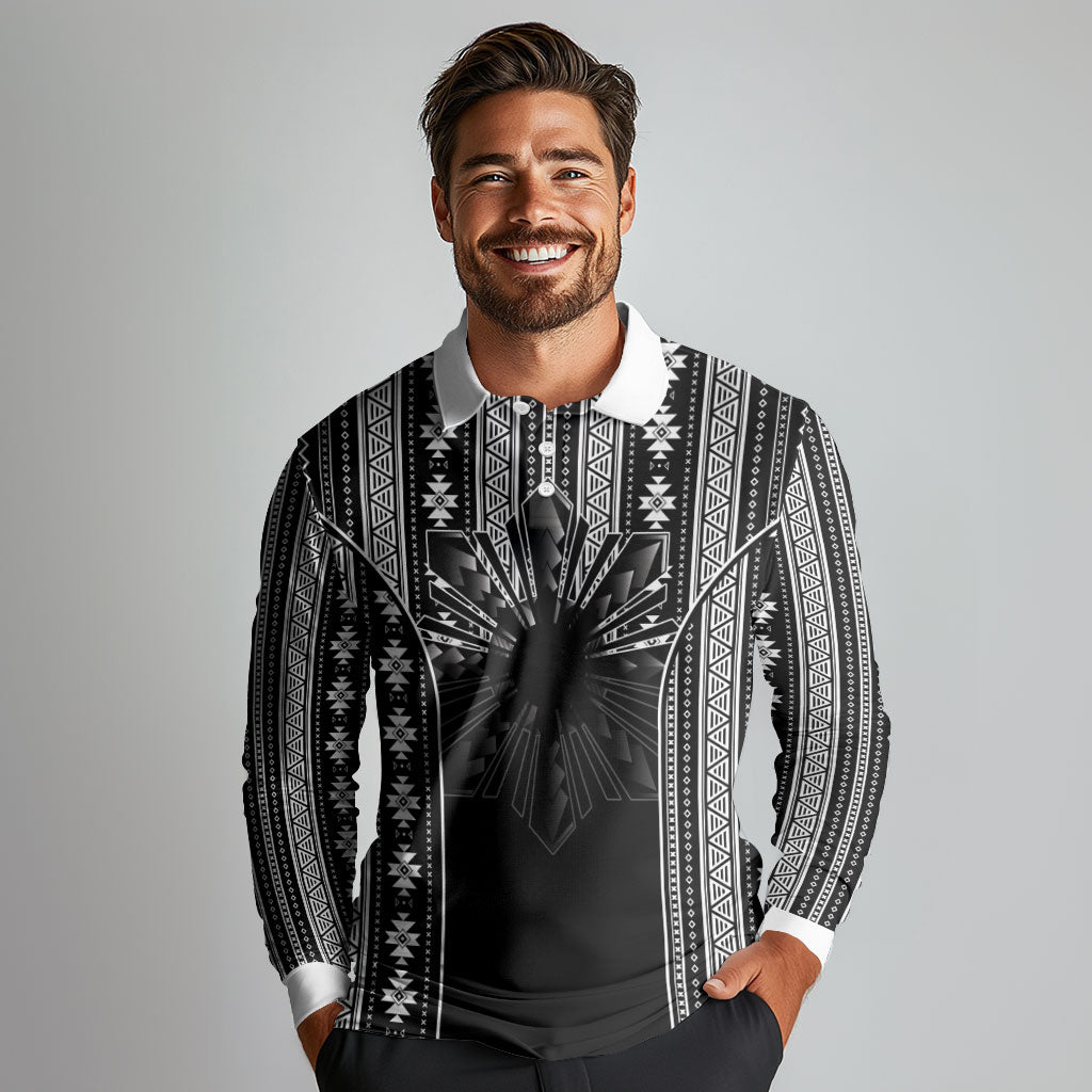 Mabuhay Philippines Festival Long Sleeve Polo Shirt Filipino Map Black White Igorot Pattern LT14 - Polynesian Pride