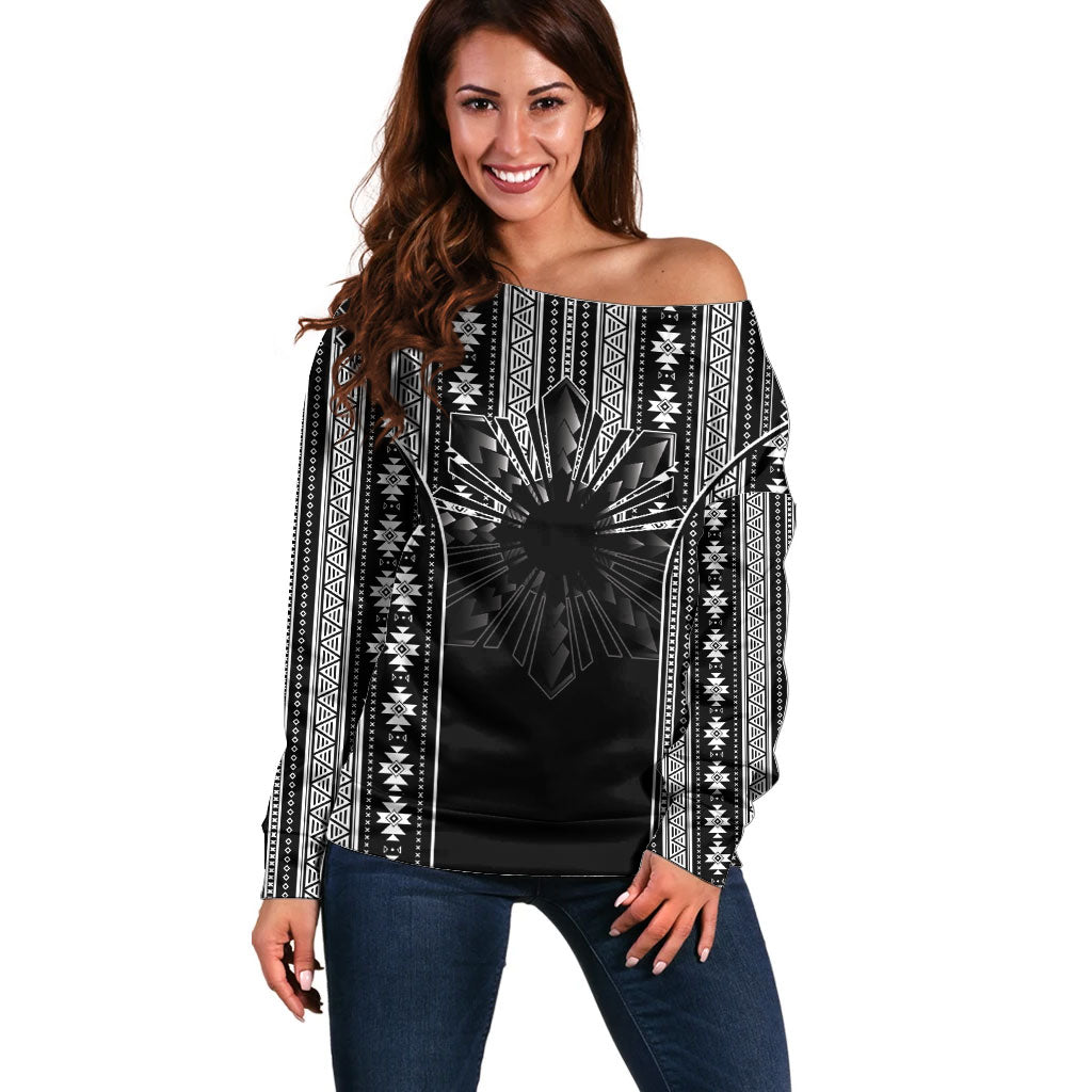 Mabuhay Philippines Festival Off Shoulder Sweater Filipino Map Black White Igorot Pattern