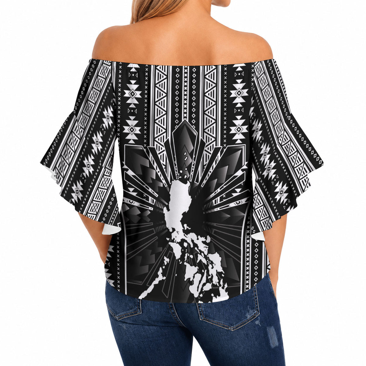 Mabuhay Philippines Festival Off Shoulder Wrap Waist Top Filipino Map Black White Igorot Pattern LT14 - Polynesian Pride