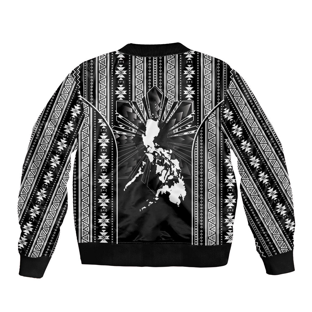 Mabuhay Philippines Festival Sleeve Zip Bomber Jacket Filipino Map Black White Igorot Pattern