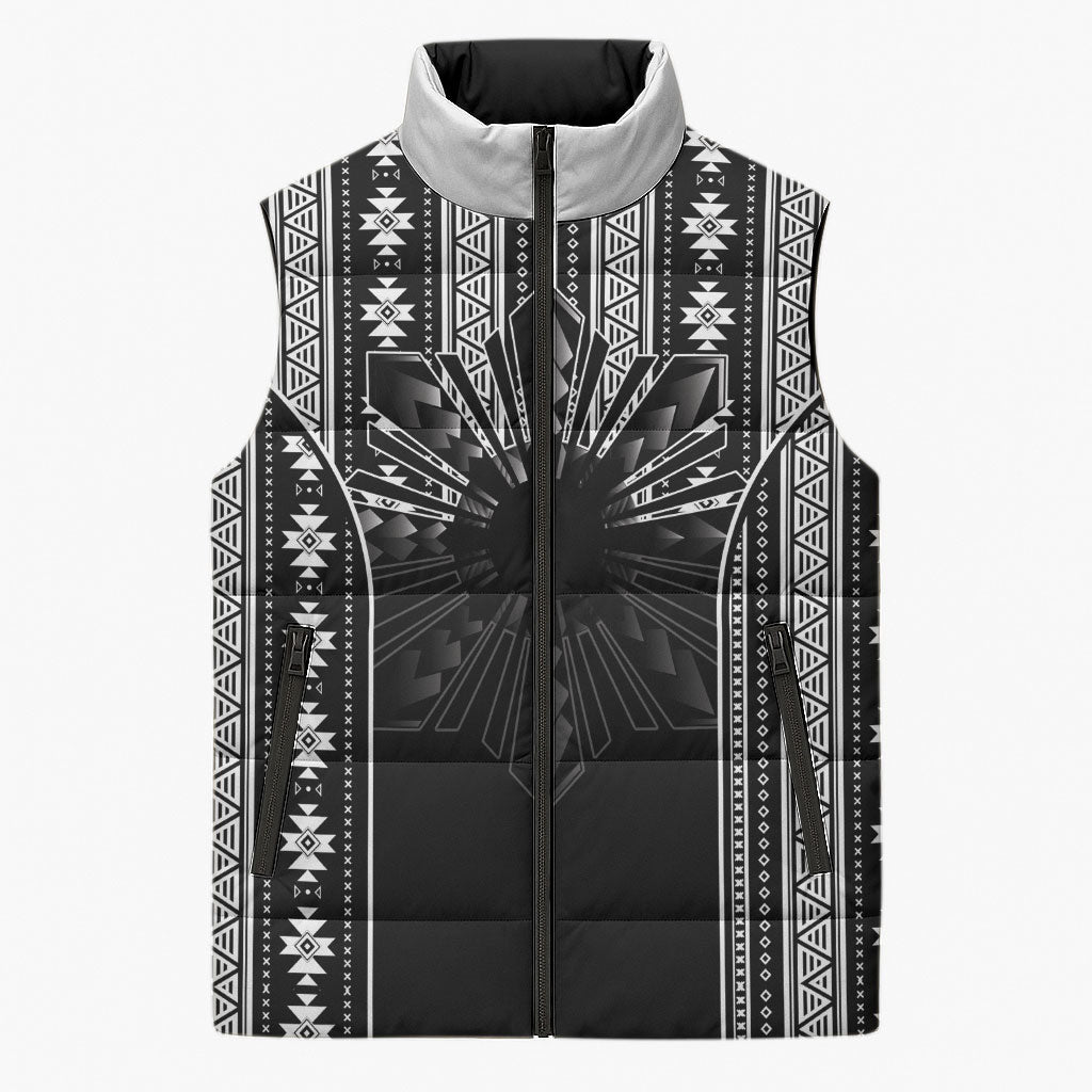 Mabuhay Philippines Festival Sleeveless Puffer Jacket Filipino Map Black White Igorot Pattern