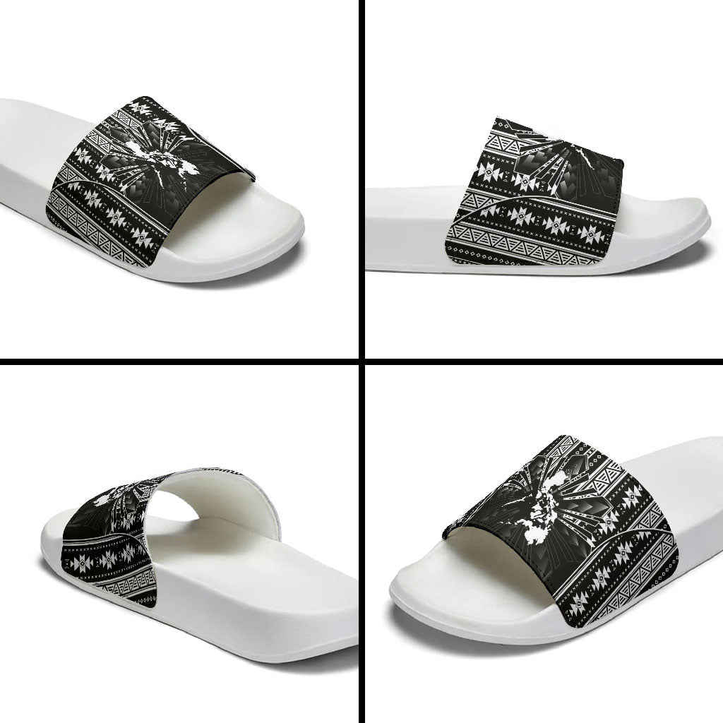 Mabuhay Philippines Festival Slide Sandals Filipino Map Black White Igorot Pattern