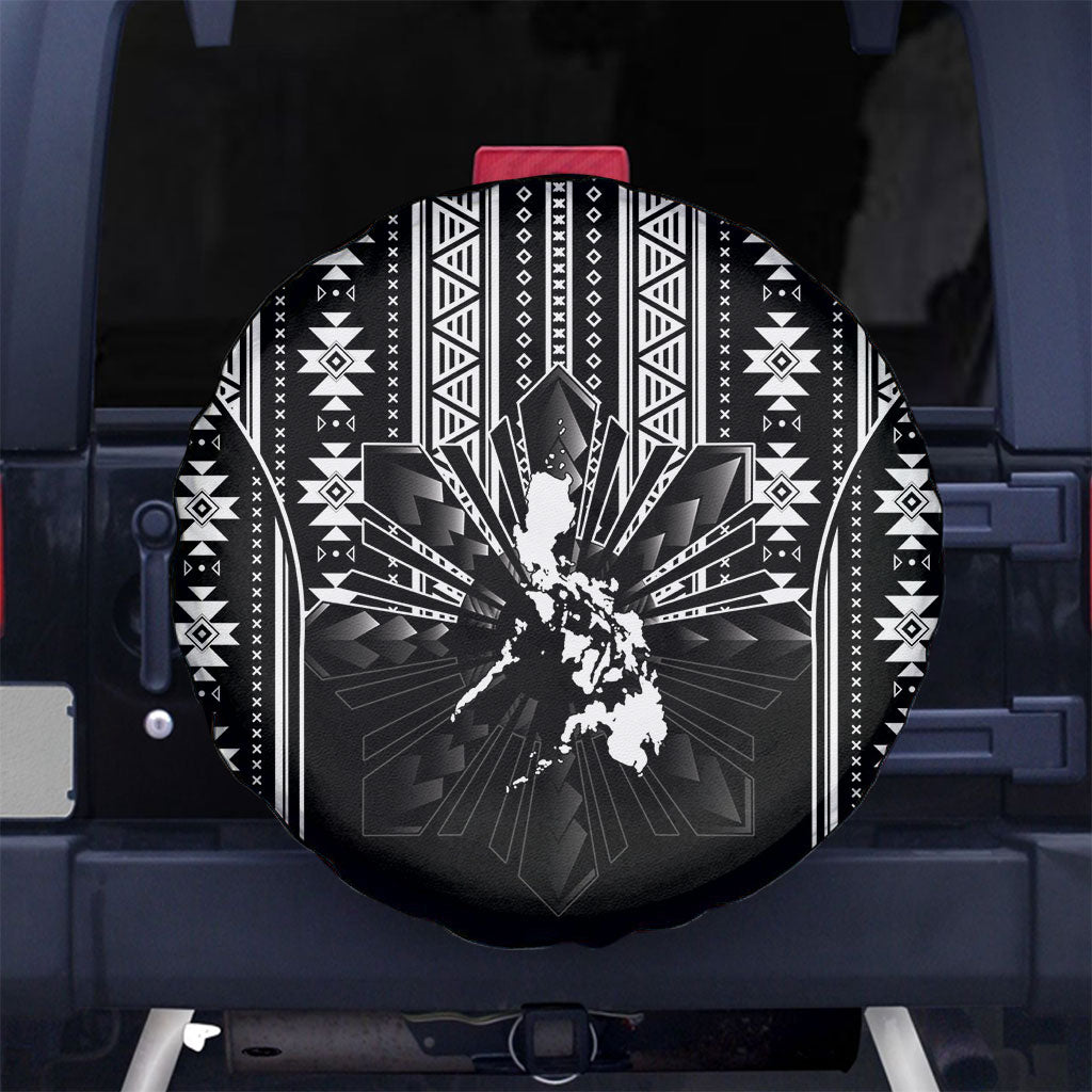 Mabuhay Philippines Festival Spare Tire Cover Filipino Map Black White Igorot Pattern LT14 No hole Black - Polynesian Pride