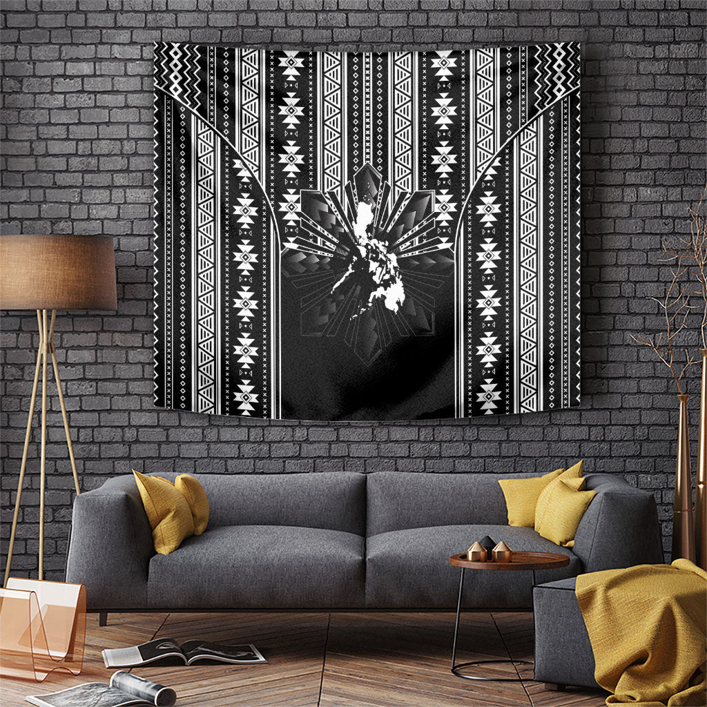 Mabuhay Philippines Festival Tapestry Filipino Map Black White Igorot Pattern