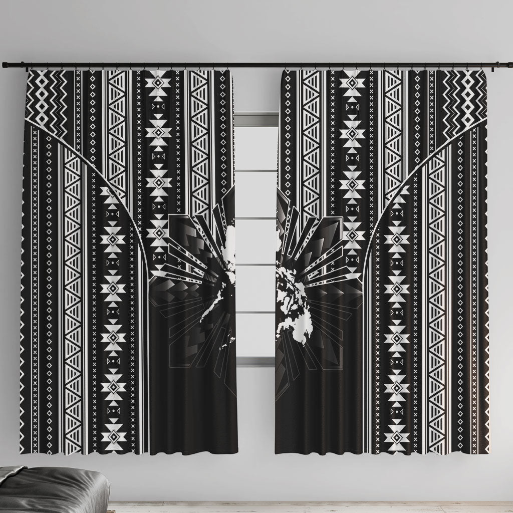 Mabuhay Philippines Festival Window Curtain Filipino Map Black White Igorot Pattern LT14 With Hooks Black - Polynesian Pride