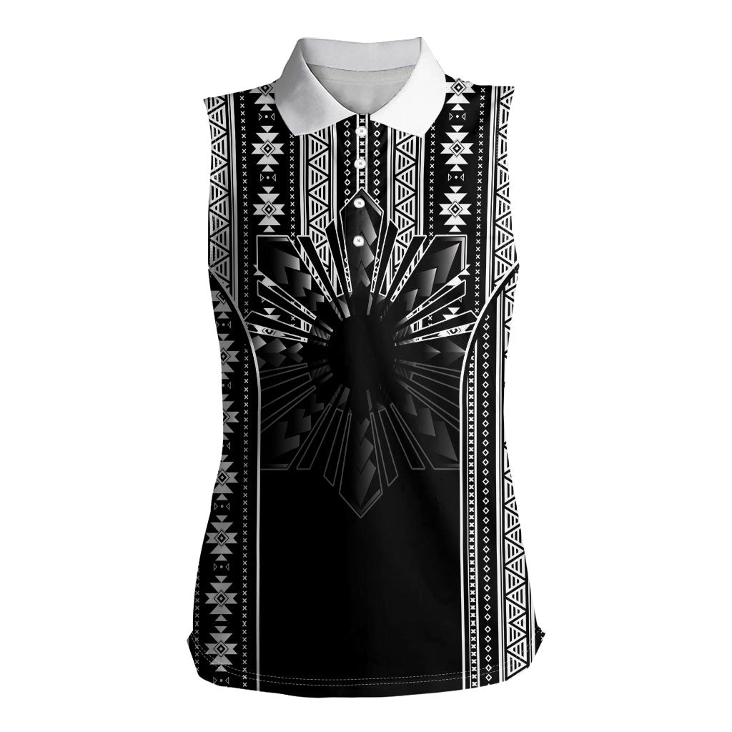 Mabuhay Philippines Festival Women Sleeveless Polo Shirt Filipino Map Black White Igorot Pattern LT14 Female Black - Polynesian Pride