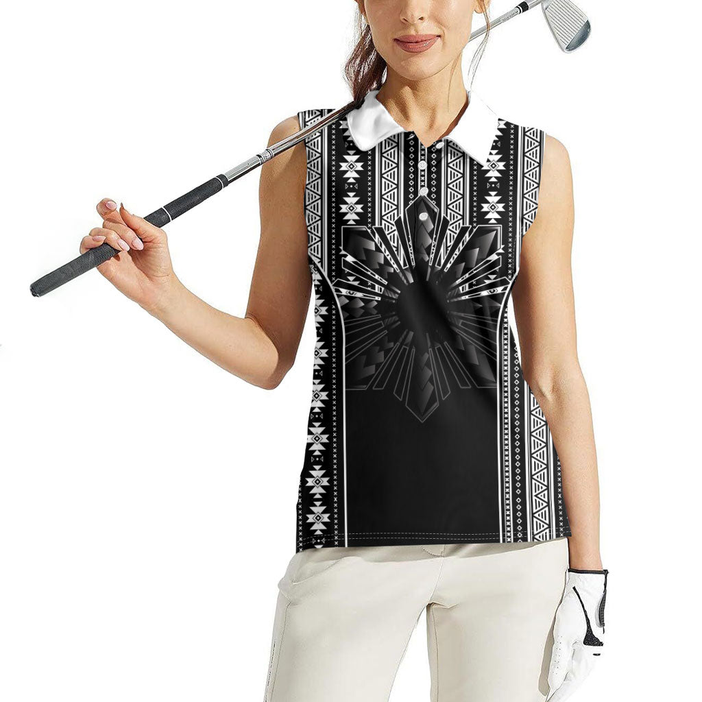 Mabuhay Philippines Festival Women Sleeveless Polo Shirt Filipino Map Black White Igorot Pattern LT14 - Polynesian Pride
