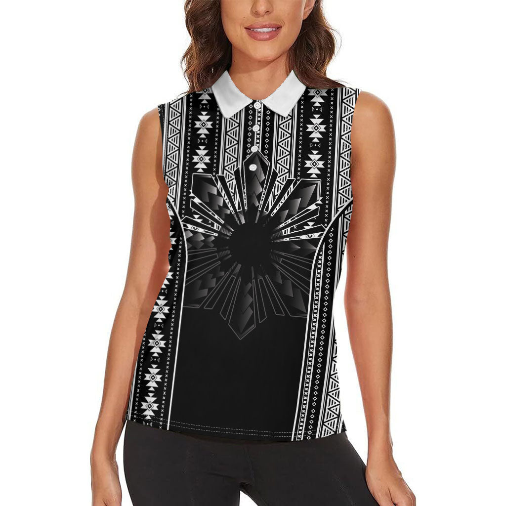 Mabuhay Philippines Festival Women Sleeveless Polo Shirt Filipino Map Black White Igorot Pattern LT14 - Polynesian Pride
