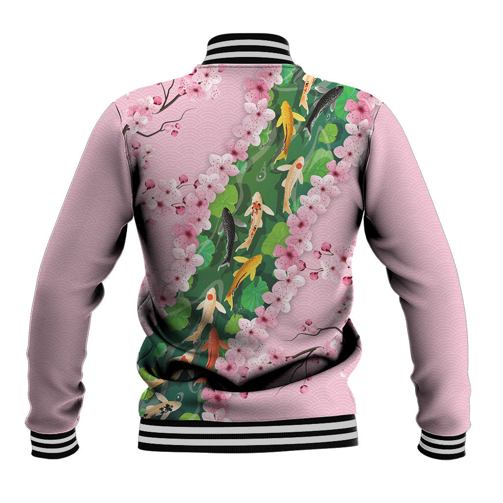Koi Fish Sakura Japan Baseball Jacket Eternal Flow Cherry Blossom Seigaiha Pattern