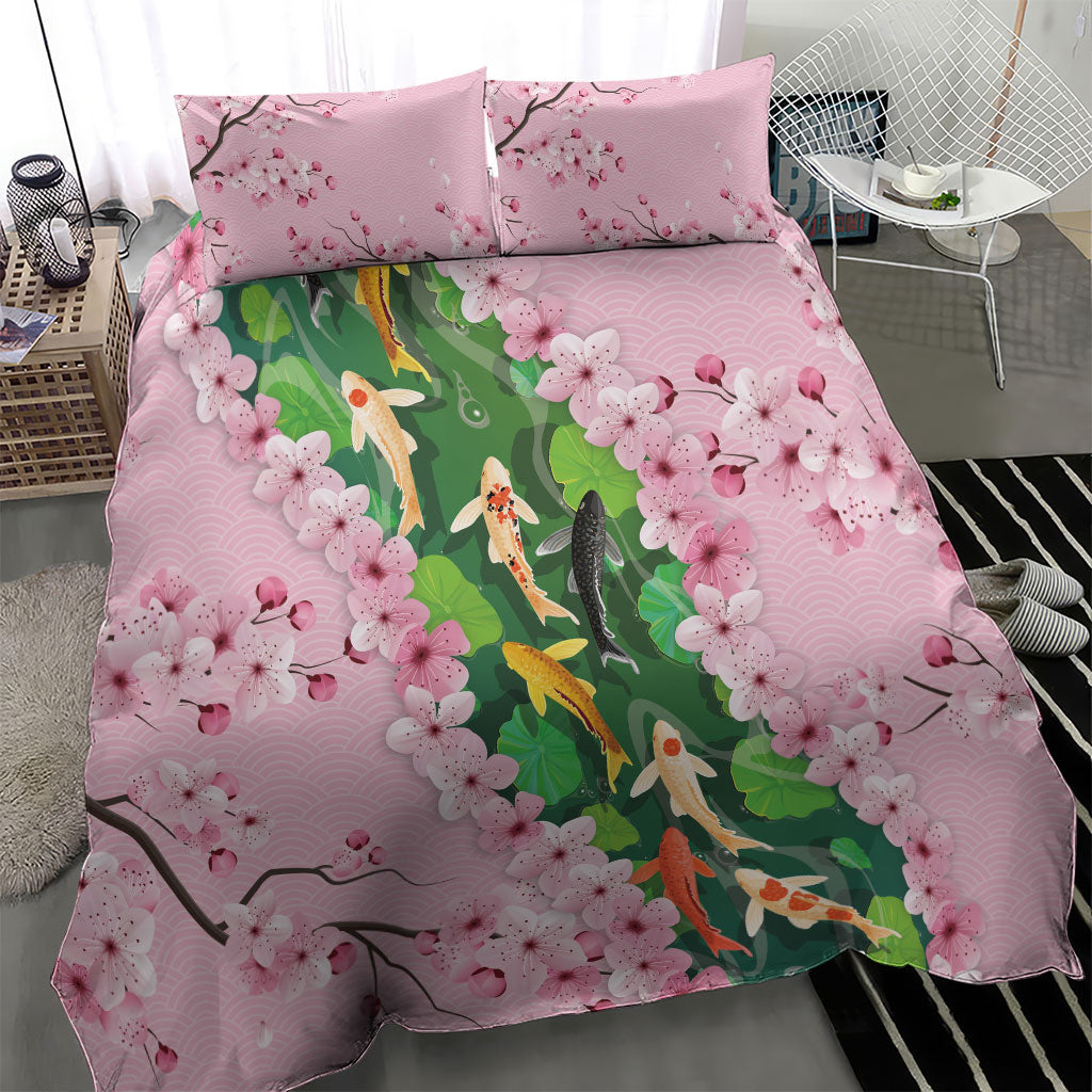 Koi Fish Sakura Japan Bedding Set Eternal Flow Cherry Blossom Seigaiha Pattern