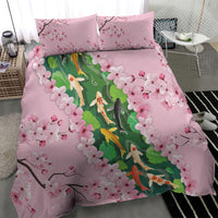Koi Fish Sakura Japan Bedding Set Eternal Flow Cherry Blossom Seigaiha Pattern