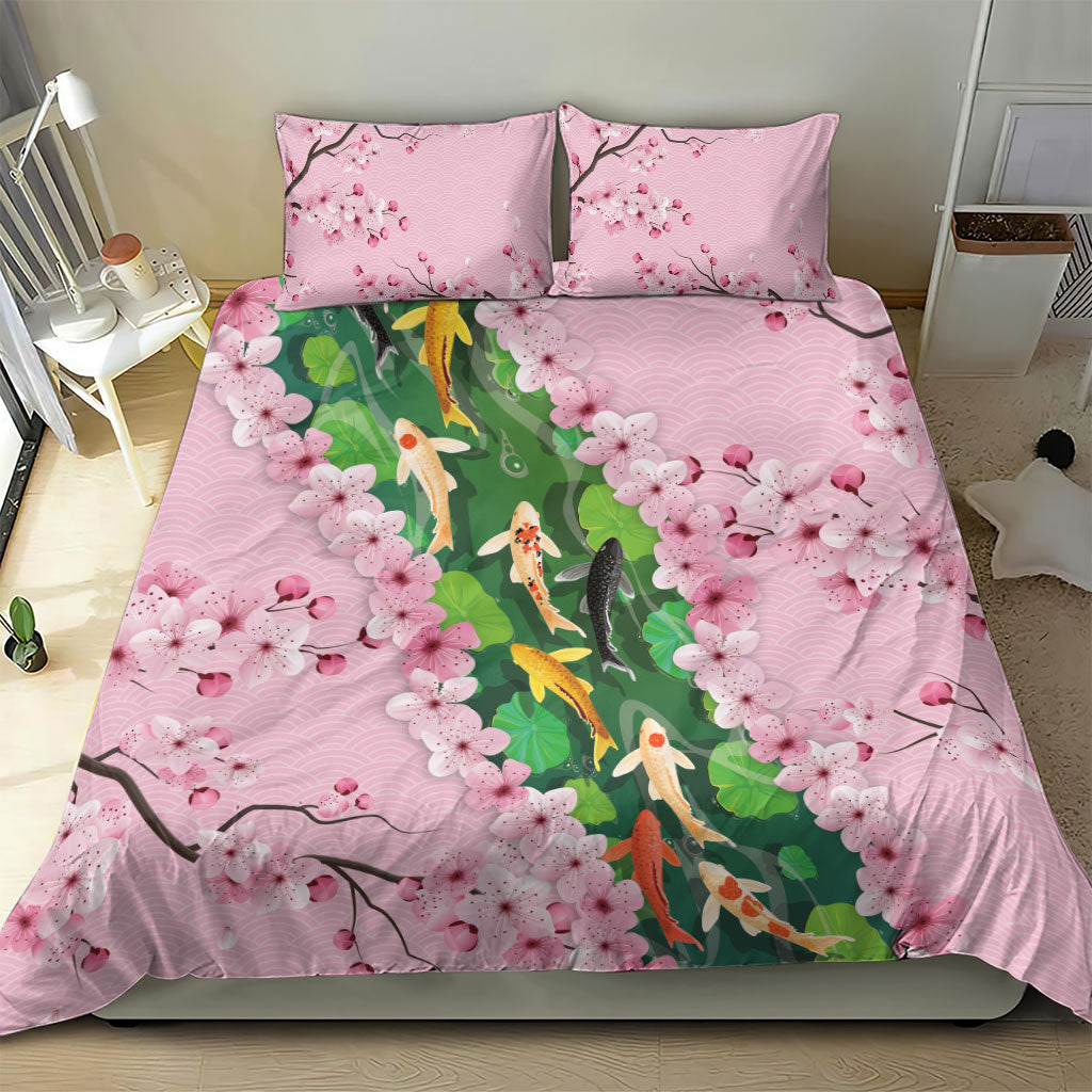 Koi Fish Sakura Japan Bedding Set Eternal Flow Cherry Blossom Seigaiha Pattern
