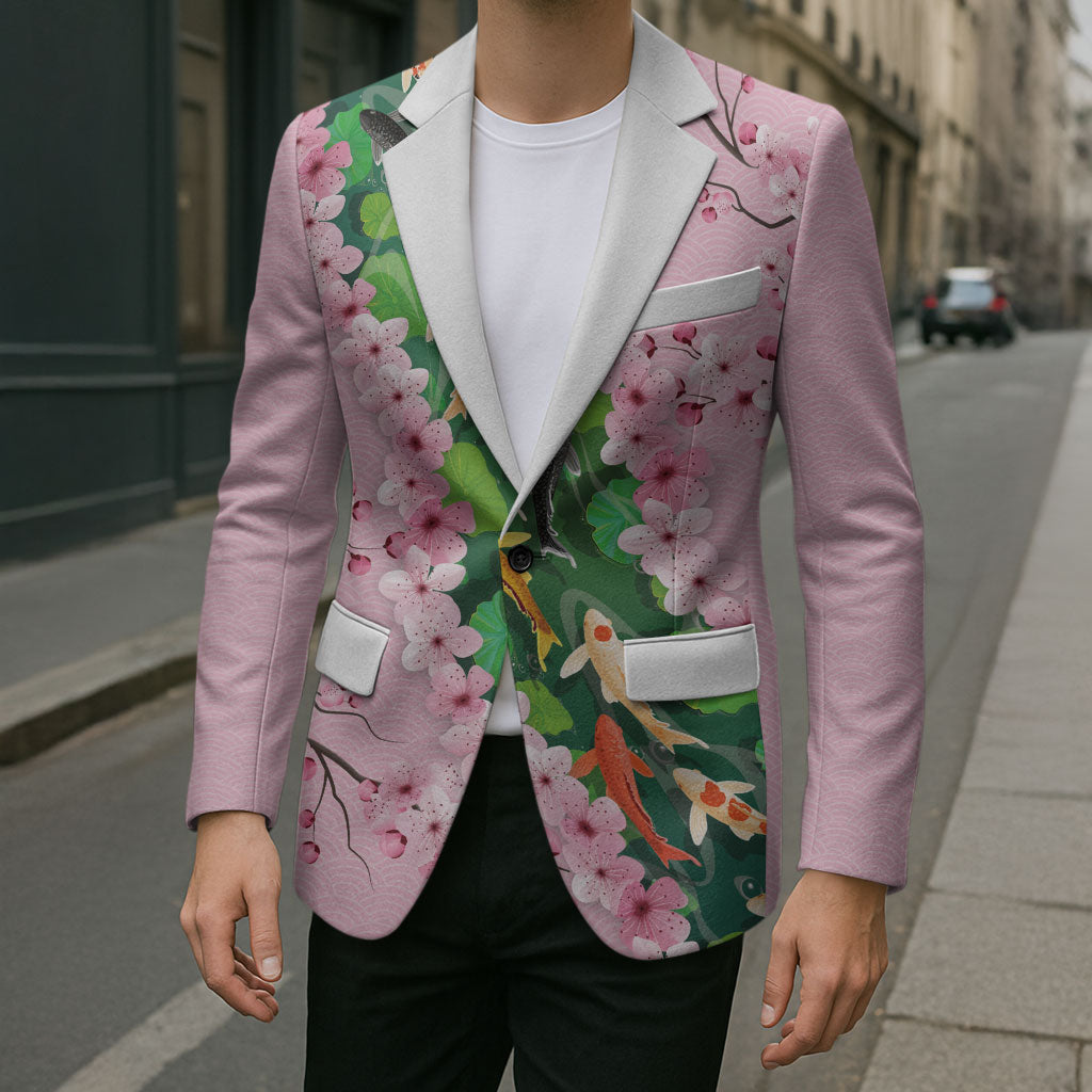 Koi Fish Sakura Japan Blazer Eternal Flow Cherry Blossom Seigaiha Pattern LT14 - Polynesian Pride