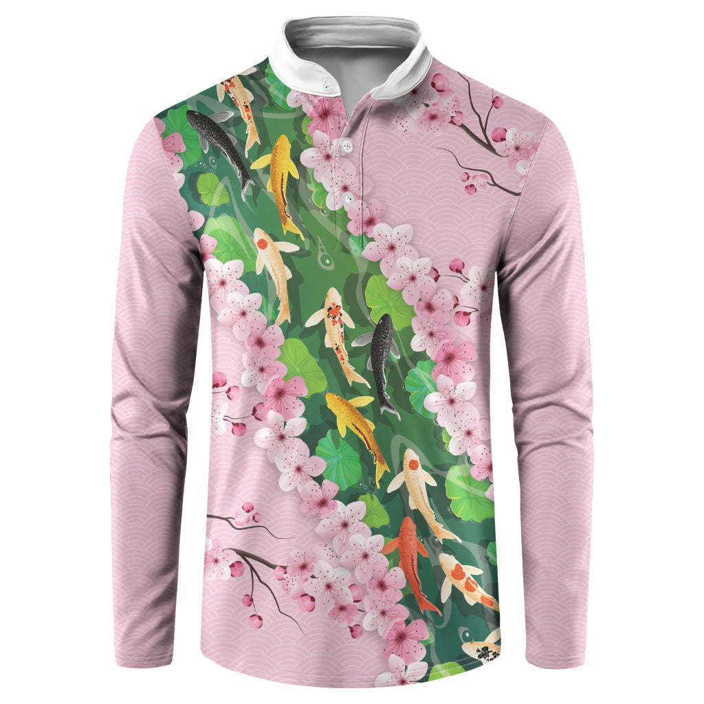 Koi Fish Sakura Japan Button Sweatshirt Eternal Flow Cherry Blossom Seigaiha Pattern LT14 Pink - Polynesian Pride
