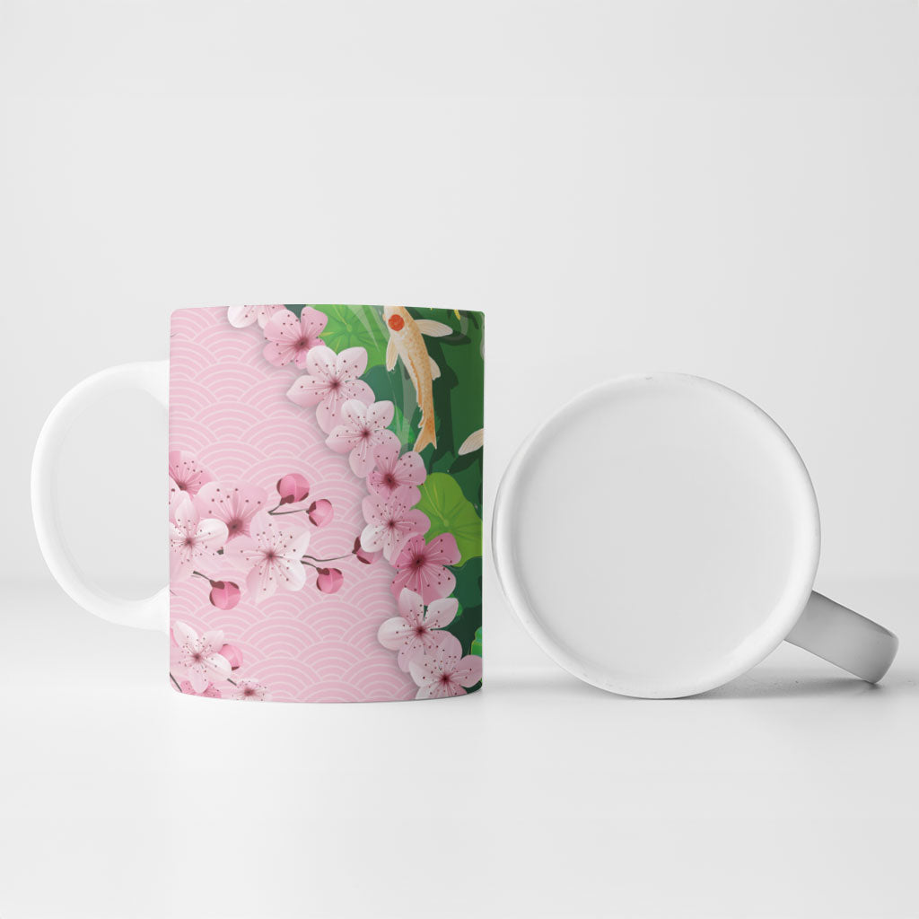 Koi Fish Sakura Japan Ceramic Mug Eternal Flow Cherry Blossom Seigaiha Pattern LT14 - Polynesian Pride