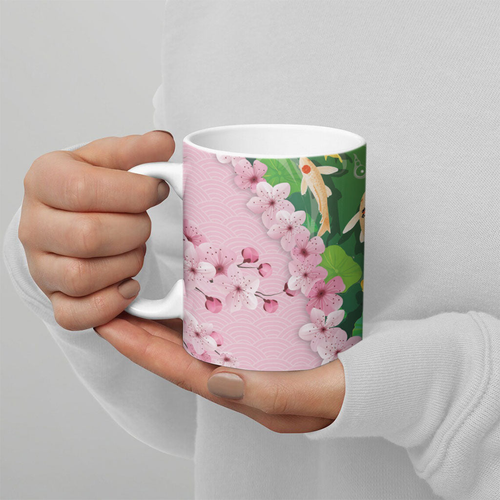 Koi Fish Sakura Japan Ceramic Mug Eternal Flow Cherry Blossom Seigaiha Pattern LT14 - Polynesian Pride