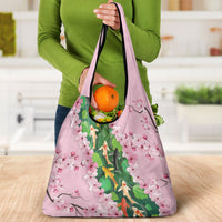Koi Fish Sakura Japan Grocery Bag Eternal Flow Cherry Blossom Seigaiha Pattern