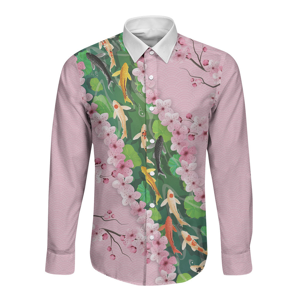 Koi Fish Sakura Japan Long Sleeve Button Shirt Eternal Flow Cherry Blossom Seigaiha Pattern