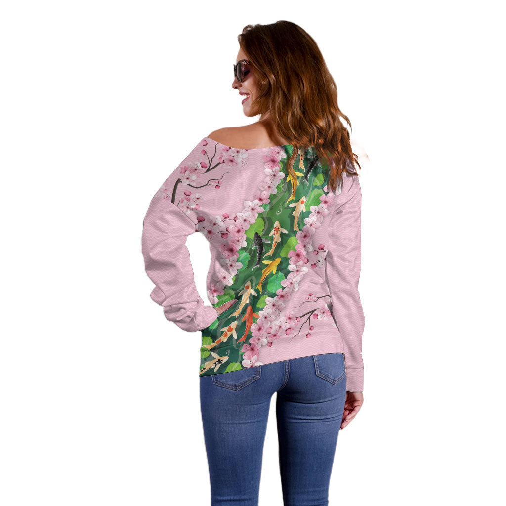 Koi Fish Sakura Japan Off Shoulder Sweater Eternal Flow Cherry Blossom Seigaiha Pattern
