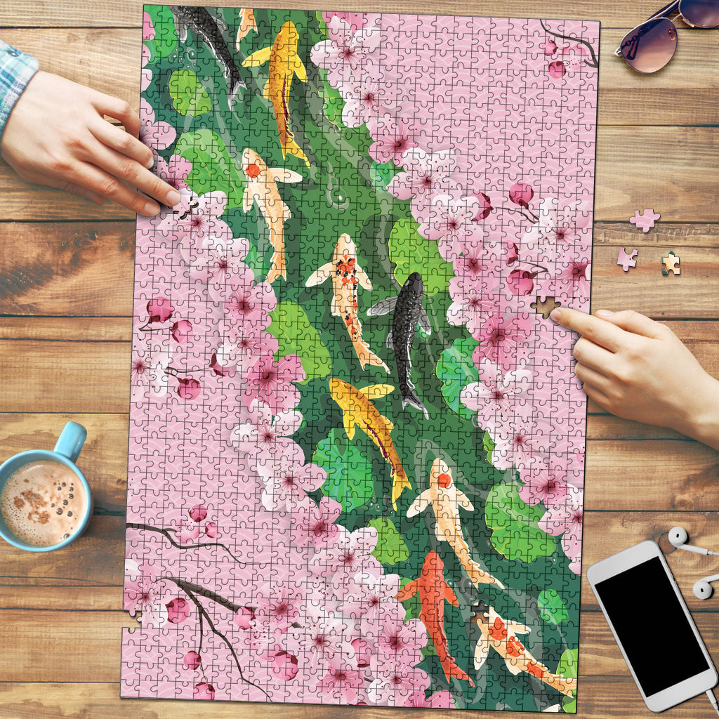 Koi Fish Sakura Japan Puzzle Eternal Flow Cherry Blossom Seigaiha Pattern LT14 Pink - Polynesian Pride