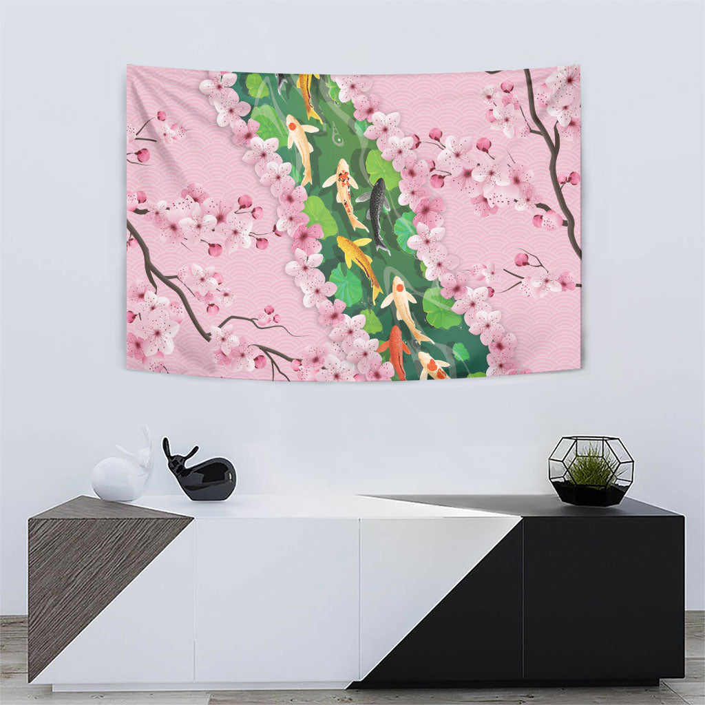 Koi Fish Sakura Japan Tapestry Eternal Flow Cherry Blossom Seigaiha Pattern
