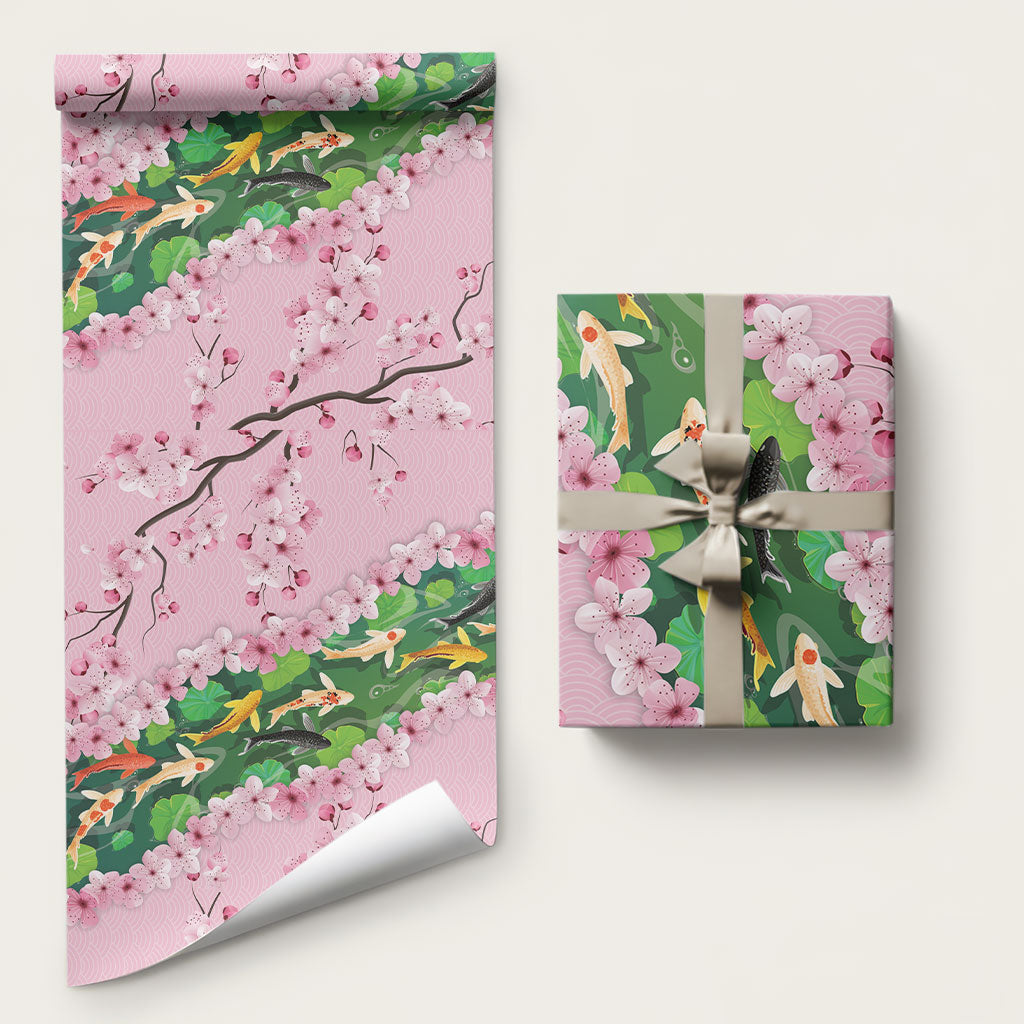 Koi Fish Sakura Japan Wrapping Paper Eternal Flow Cherry Blossom Seigaiha Pattern