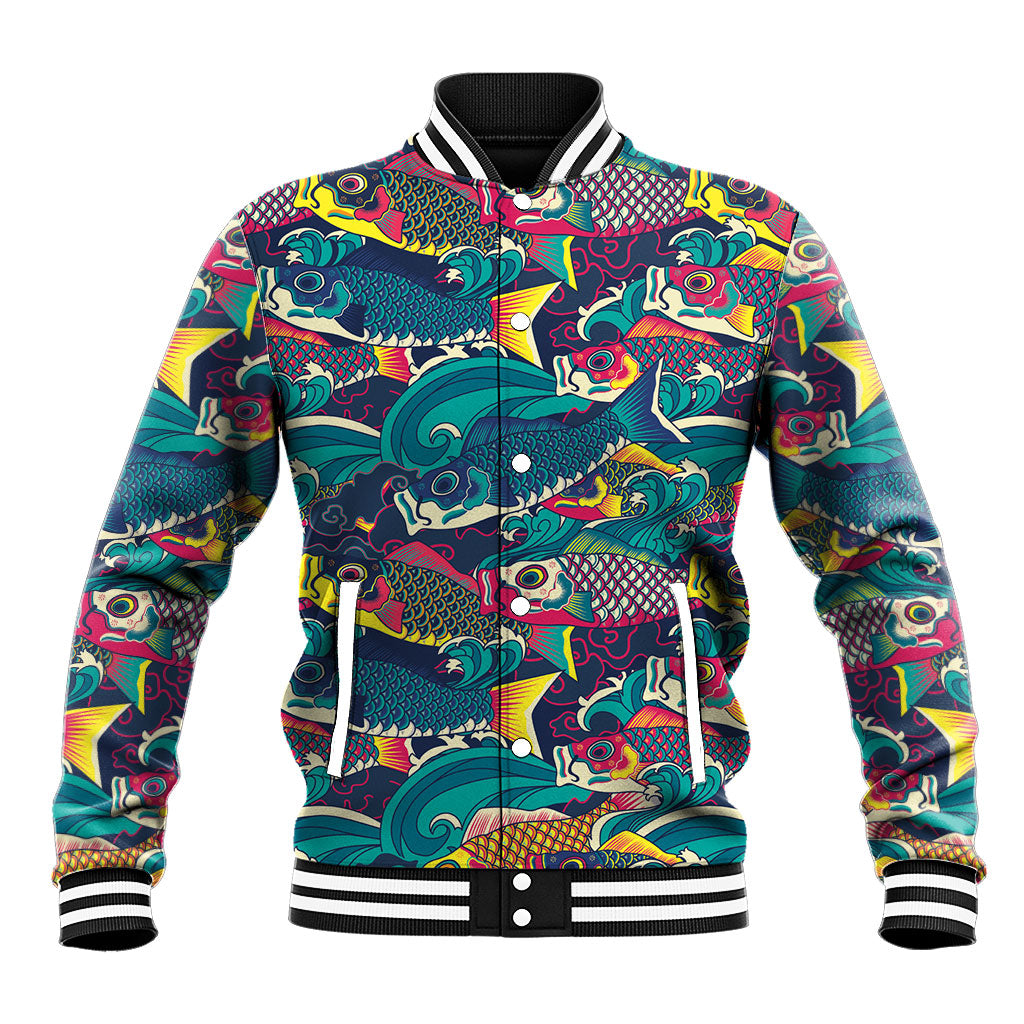 Japan Koinobori Baseball Jacket Japanese Koi Flag Waves Pattern