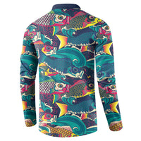 Japan Koinobori Button Sweatshirt Japanese Koi Flag Waves Pattern