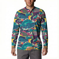 Japan Koinobori Button Sweatshirt Japanese Koi Flag Waves Pattern