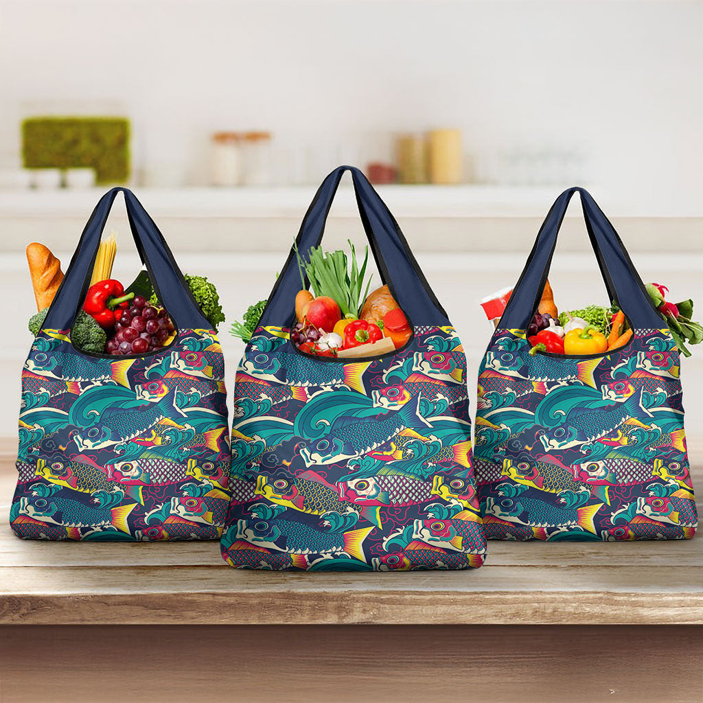 Japan Koinobori Grocery Bag Japanese Koi Flag Waves Pattern LT14 3-pack One Size Blue - Polynesian Pride