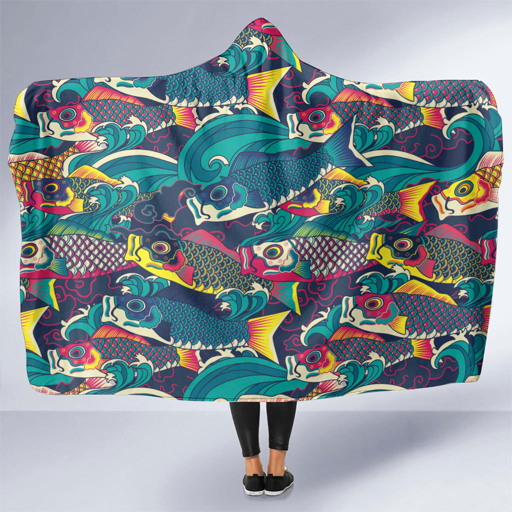 Japan Koinobori Hooded Blanket Japanese Koi Flag Waves Pattern LT14 One Size Blue - Polynesian Pride