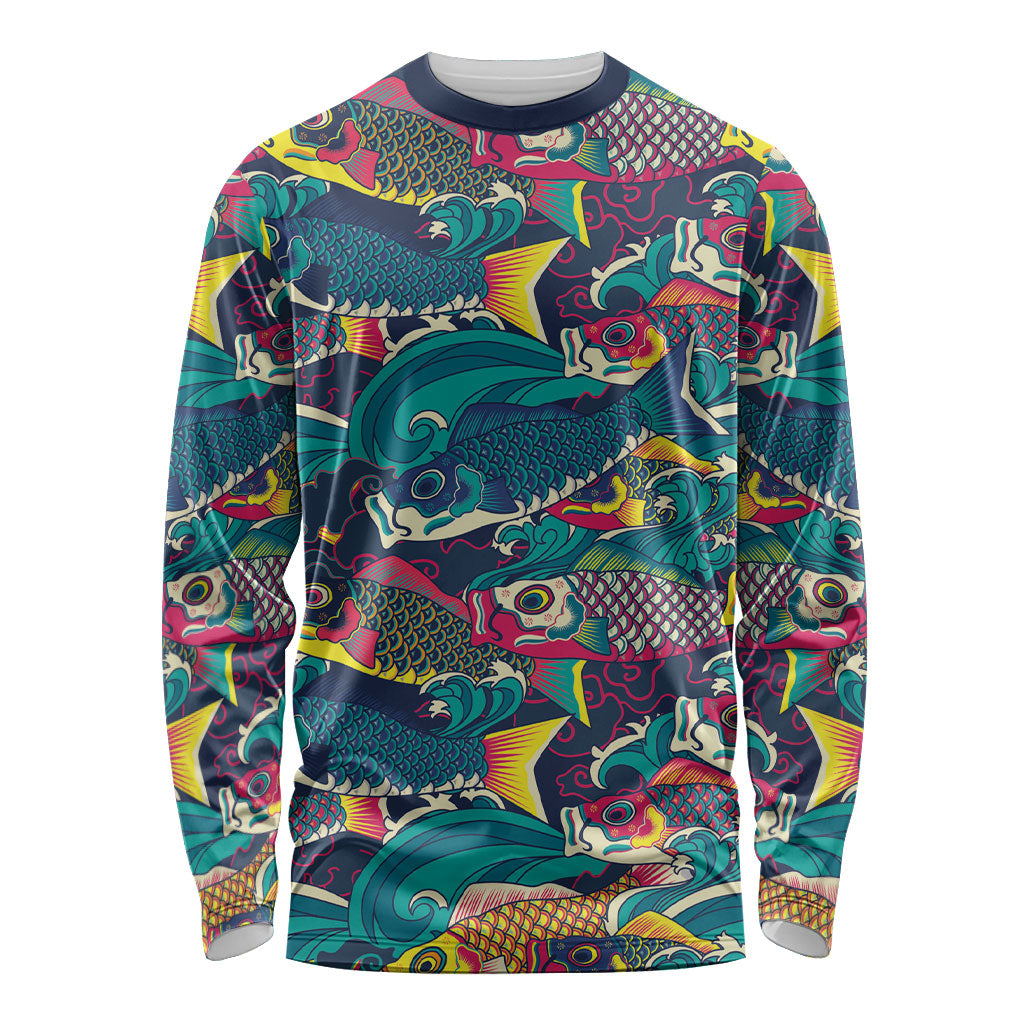 Japan Koinobori Long Sleeve Shirt Japanese Koi Flag Waves Pattern LT14 Unisex Blue - Polynesian Pride