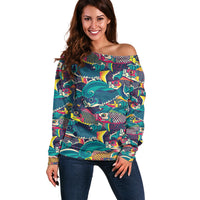 Japan Koinobori Off Shoulder Sweater Japanese Koi Flag Waves Pattern LT14 Women Blue - Polynesian Pride