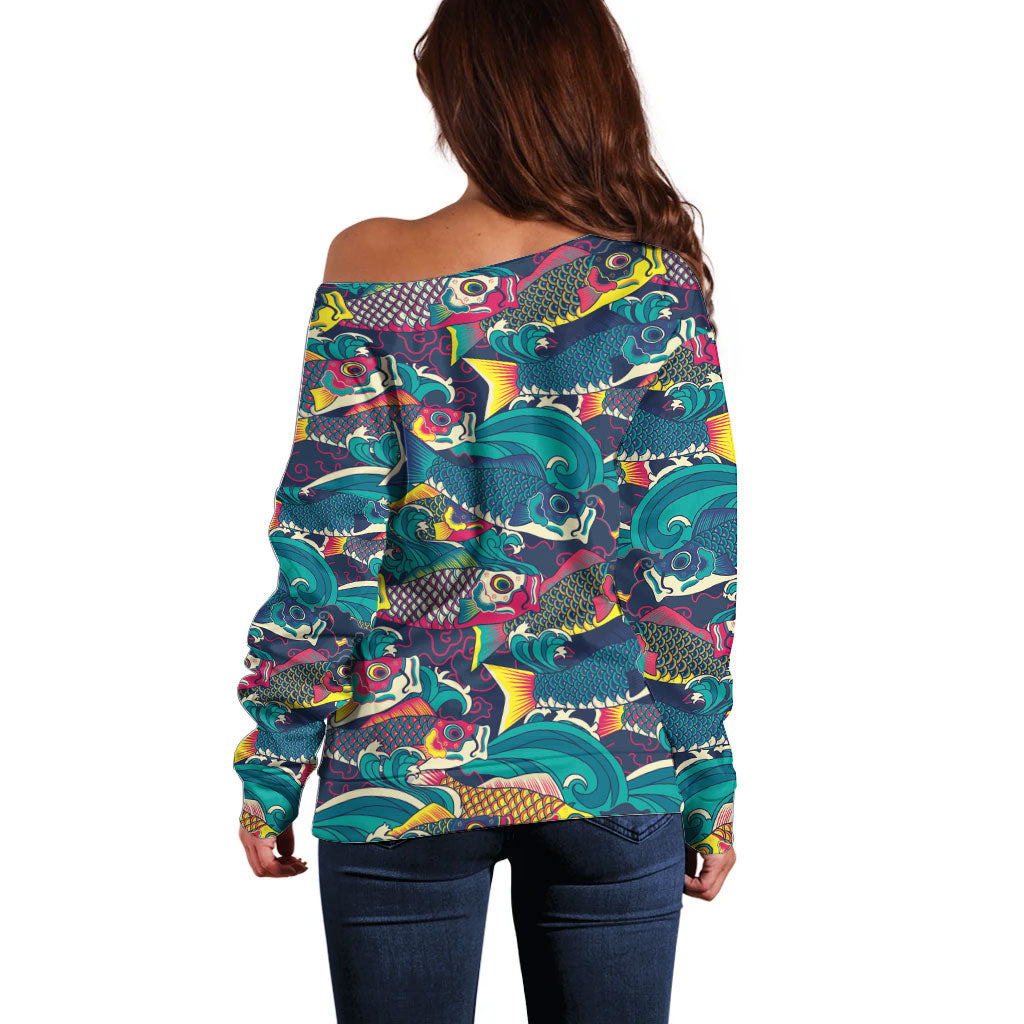 Japan Koinobori Off Shoulder Sweater Japanese Koi Flag Waves Pattern LT14 - Polynesian Pride