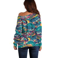 Japan Koinobori Off Shoulder Sweater Japanese Koi Flag Waves Pattern LT14 - Polynesian Pride