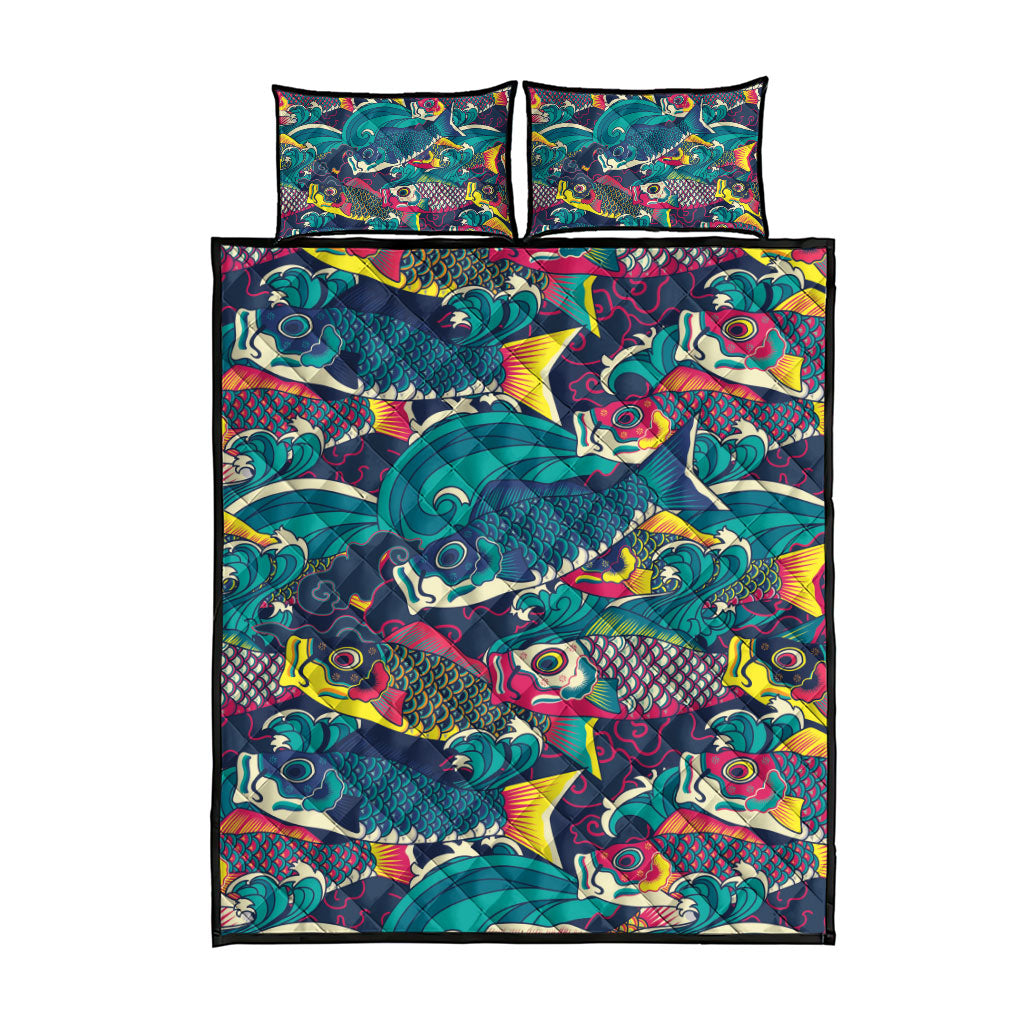 Japan Koinobori Quilt Bed Set Japanese Koi Flag Waves Pattern