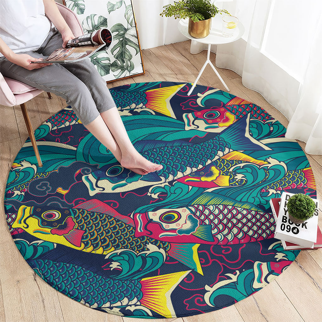 Japan Koinobori Round Carpet Japanese Koi Flag Waves Pattern