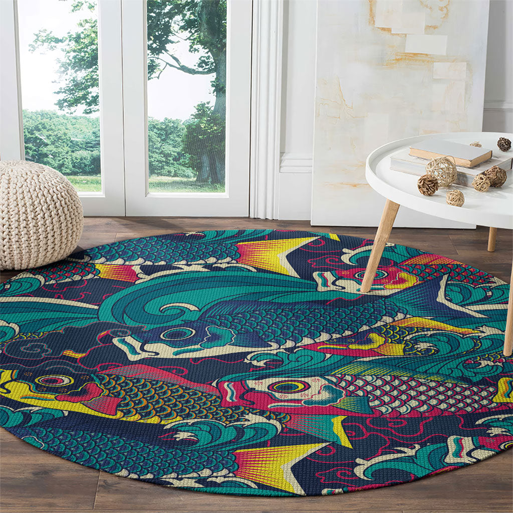Japan Koinobori Round Carpet Japanese Koi Flag Waves Pattern