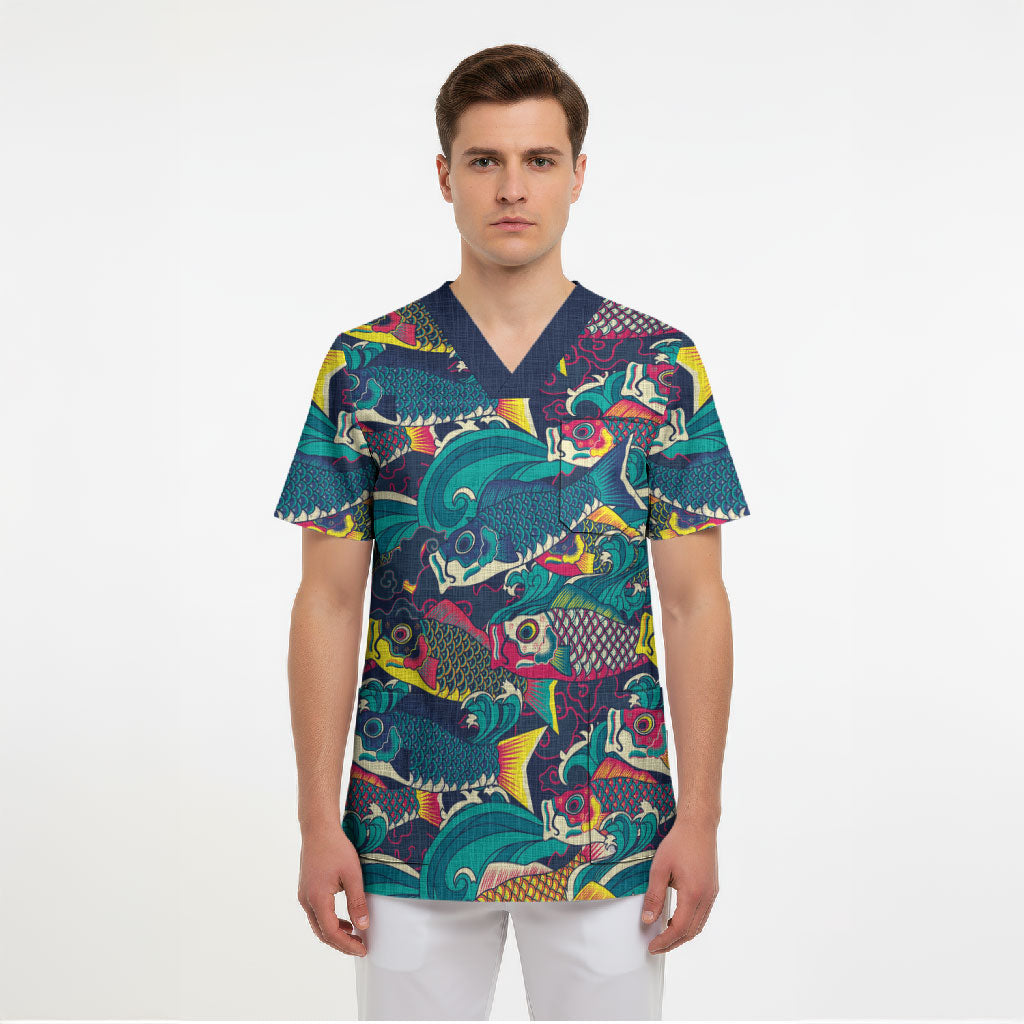Japan Koinobori Scrub Top Japanese Koi Flag Waves Pattern