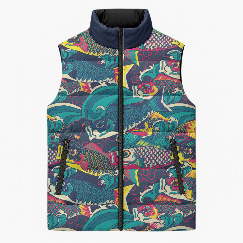 Japan Koinobori Sleeveless Puffer Jacket Japanese Koi Flag Waves Pattern