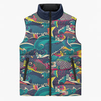 Japan Koinobori Sleeveless Puffer Jacket Japanese Koi Flag Waves Pattern
