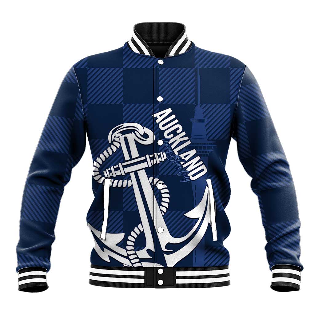 New Zealand Auckland Football Custom Baseball Jacket Navy Blue City Anchor Sky Tower Symbol - Polynesian Pride